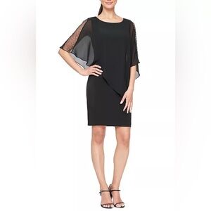 Women’s SLNY Chiffon-Cape-Sleeve Sheath Dress with beading, Navy, Size 16